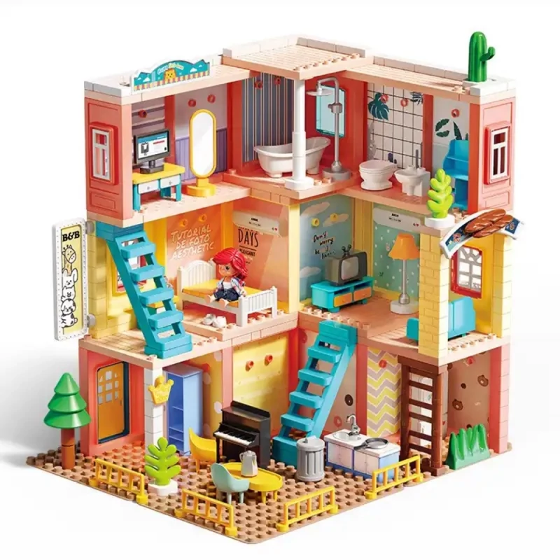 خانه ساختنی عروسکی بزرگ زیبا3 طبقه  با وسایل و دوعدد فیگور 