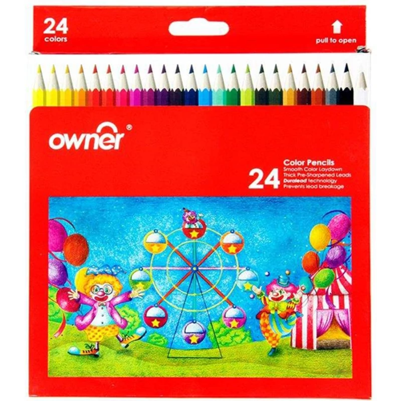 مداد رنگی 24 رنگ اونر (owner) مدل 141624،دارای رنگهای زنده و شفاف،ساخته شده از مواد غیر سمی،درجه سختی نوک HB