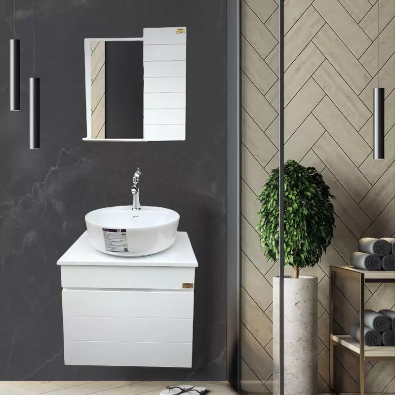 فول ست دیواری سفید دستگیره هلالی  مدل 5050 روشویی کابینتی سنگ آینه باکس 