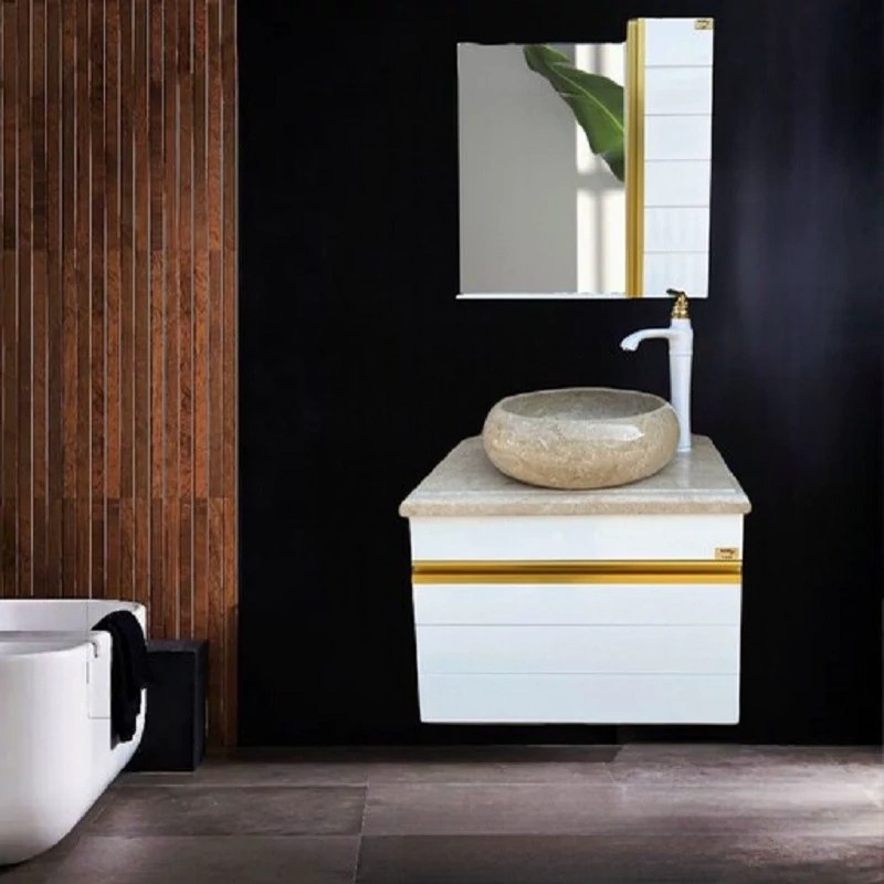 فول ست سفید دستگیره طلایی با سنگ طبیعی سیمکان مدل G4081 روشویی کابینتی سنگ آینه