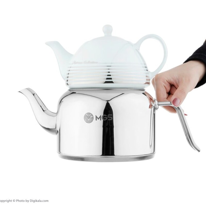 کتری استیل دسته عصایی به همراه قوری چینی