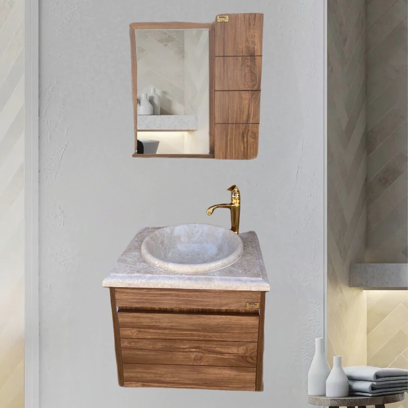 فول ست دیواری طرح چوب با سنگ طبیعی سیمکان مدل 4046 روشویی کابینتی سنگ آینه باکس