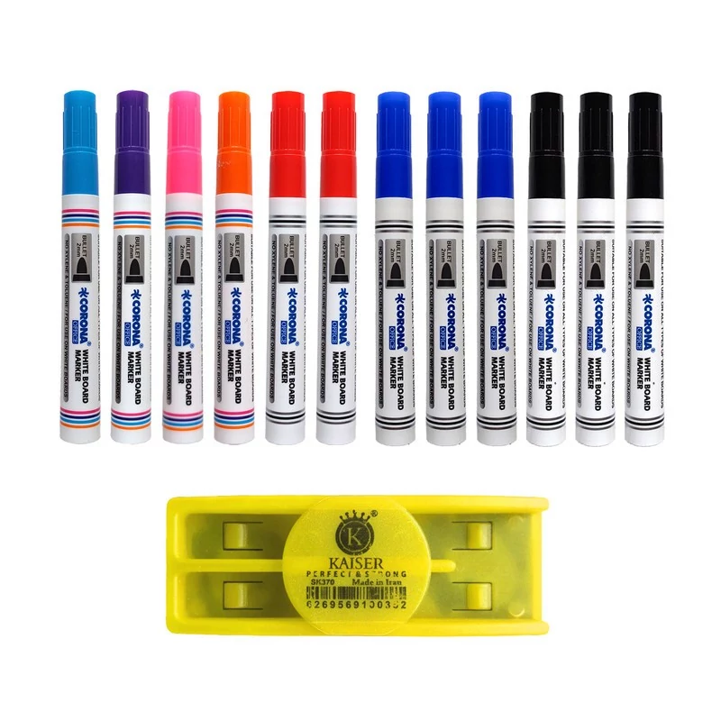 ماژیک وایت برد کرونا طرح گرد مدل CO-4070 به همراه تخته پاک کن بسته 13 عددی