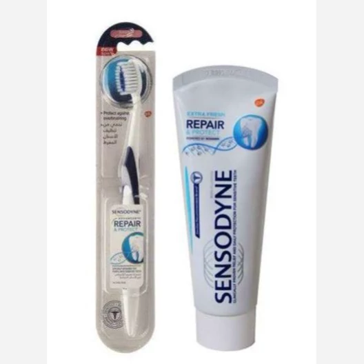 مشخصات خمیر دندان سنسوداین مدل Repair and Protect حجم 75 میلی لیتر به همراه مسواک سنسوداین مدل Repair با برس خیلی نرم