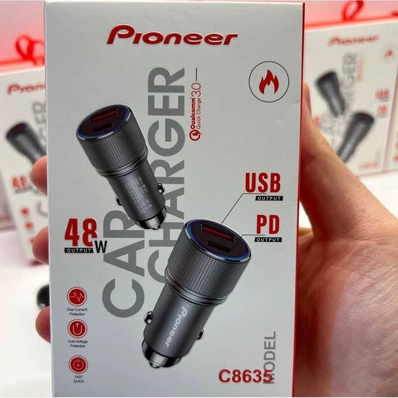 شارژر فندکی فلزی پایونیر دو پورت مدل C8635 دارای 1 پی دی و 1 یو اس بی pioneer پرفروش باحداقل سود ارسال رایگان 