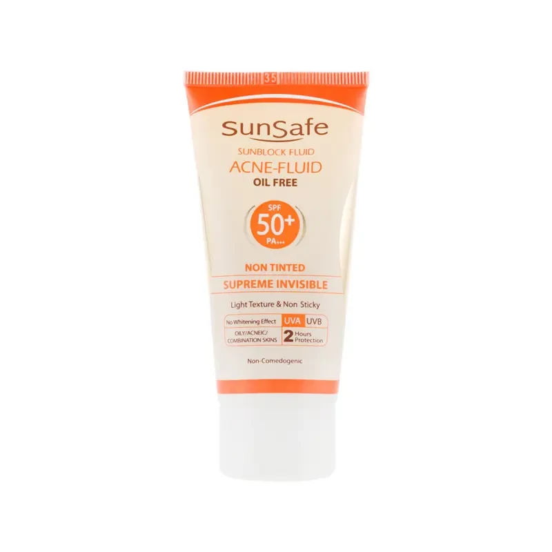 ضد آفتاب فلوئیدی سان سیف spf50/ بی رنگ مناسب پوست های چرب و جوشدار