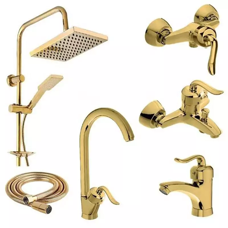 ست شیرآلات طلایی مدل قاصدک 6 عددی به همراه علمدوش و شلنگ توالت و ست شیرالات