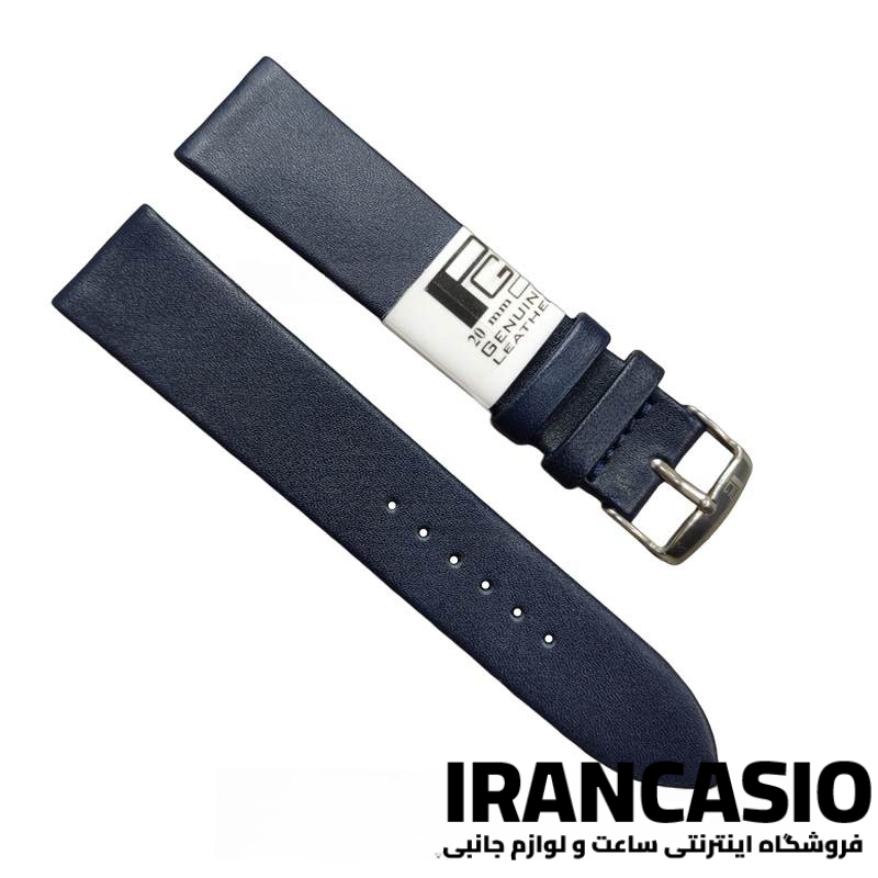 بند ساعت مچی مردانه چرم طبیعی PG ساده سورمه ای بدون دوخت سایز 20
