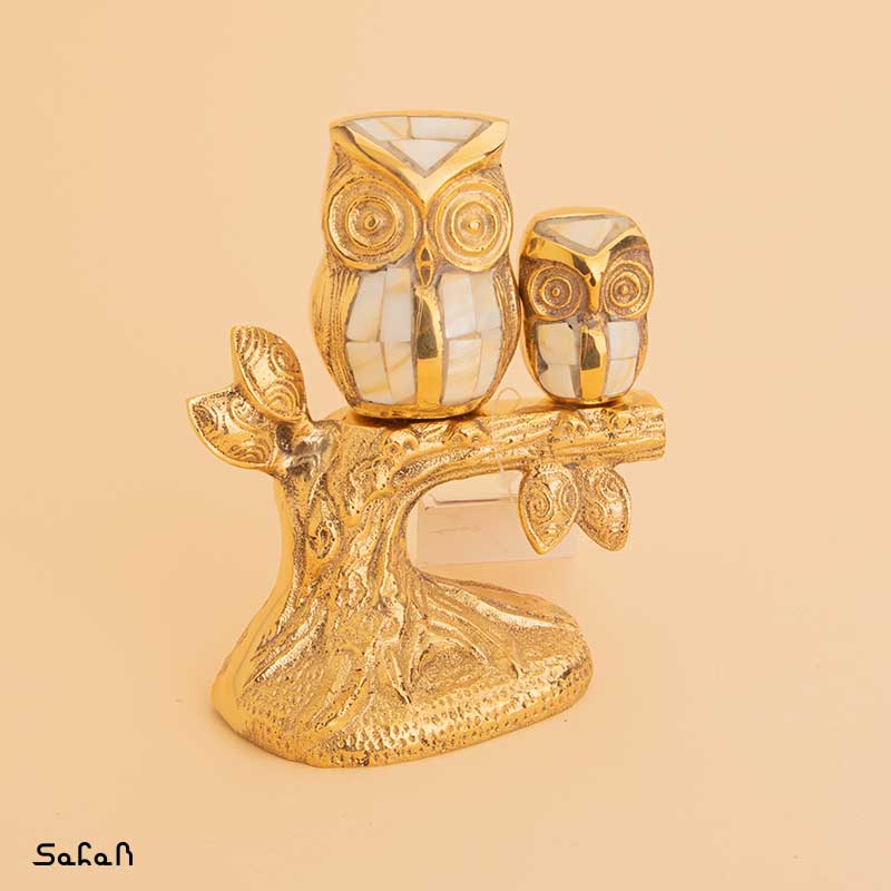 مجسمه جغد مادر و فرزند برنج و صدف