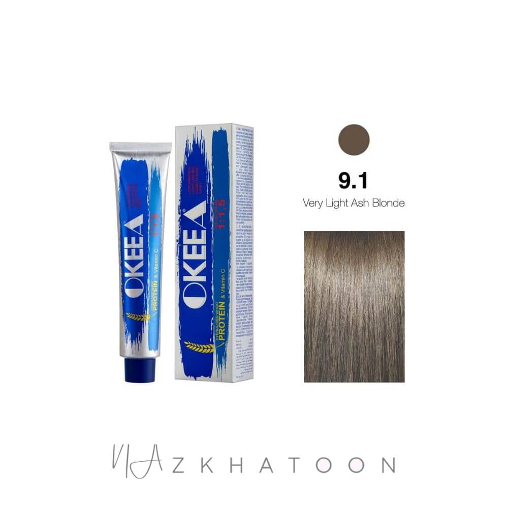 رنگ مو 100میل اکیا OKEEA سری ASH شماره 9/1 بلوند خاکستری خیلی روشن