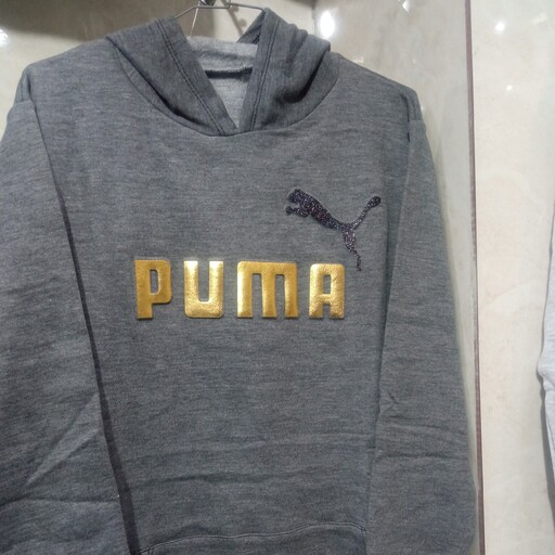 هودی اسپرت کلاه دار آستین بلند پارچه ملانژ طرح Puma و Reebok داخل کرکی مناسب فصل پاییز و زمستان رنگ طوسی روشن و تیره  