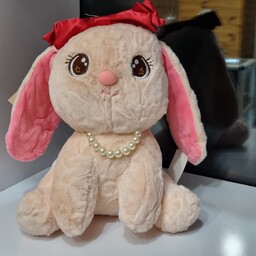 عروسک پولیشی ، عروسک خرگوش صورتی گردنبند مرواردی پاپیون دار   ، عروسک دخترونه ، سیسمونی  اسباب بازی 