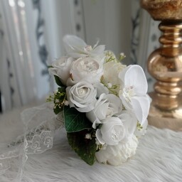 دسته گل عروس ترکیبی با ارکیده تم کاملا سفید دسته گل مصنوعی عروس 