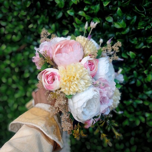 دسته گل عروس مصنوعی با کیفیت عالی دسته گل عروس خارجی با داوودی و رز 