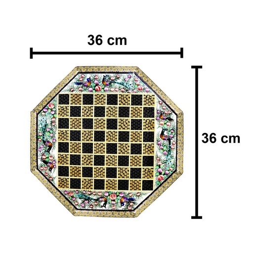 شطرنج صفحه تخت 8 ضلعی خاتم کاری(مدل گل و مرغ سبز  و آبی و قهوه ایی برجسته)(گارانتی 120 ماهه)