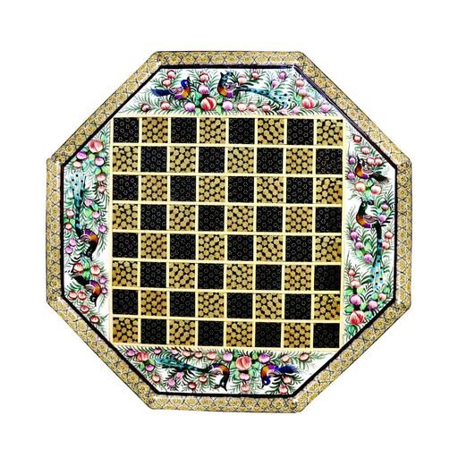 شطرنج صفحه تخت 8 ضلعی خاتم کاری(مدل گل و مرغ سبز  و آبی و قهوه ایی برجسته)(گارانتی 120 ماهه)