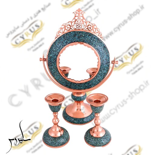 اینه آینه و شمعدان فیروزه کوبی نیشابور شمعدان 20 سانتی مناسب سفره هفت سین و دکوری برای عروس و عقد 