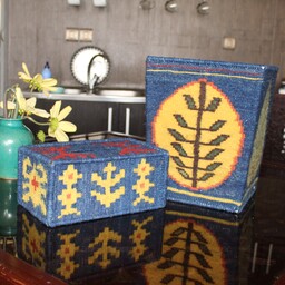 سطل و جا دستمالی گلیمی(2015)رنگ سورمه ای با چهار موتیف باستانی در چهار وجه سطل