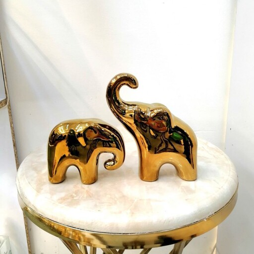 مجسمه و تندیس فیل سرامیکی آبکاری طلایی نماد ثروت در دو سایز