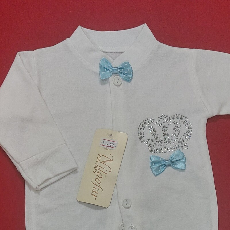 لباس نوزادی سرهمی نوزادی طرح تاج پاپیون آبی رنگ ( مناسب بیمارستان و بدو تولد ) با ارسال رایگان 