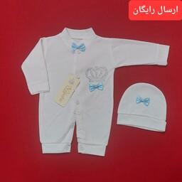 لباس نوزادی سرهمی نوزادی طرح تاج پاپیون آبی رنگ ( مناسب بیمارستان و بدو تولد ) با ارسال رایگان 