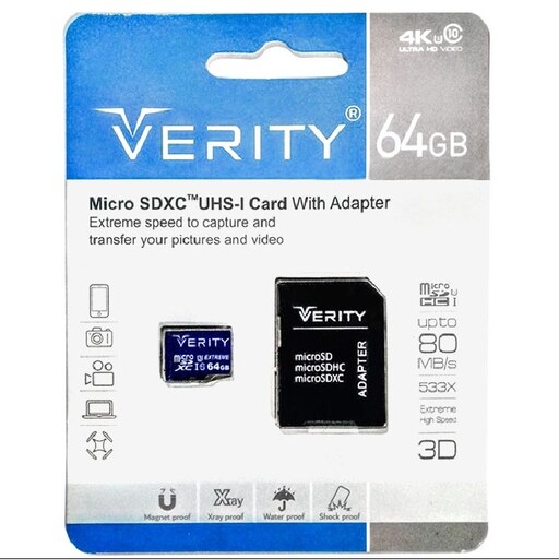 کارت حافظه Microsd وریتی مدل U3-80m ظرفیت 64G به همراه آداپتور