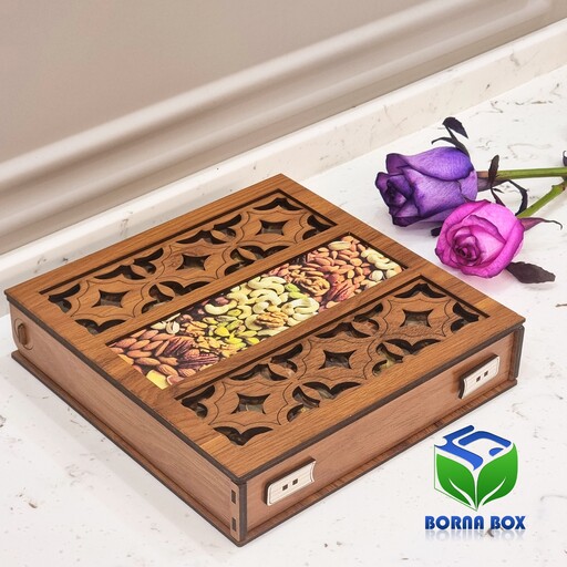 جعبه آجیل و خشکبار، جعبه هدیه سازمانی،جعبه چوبی پذیرایی