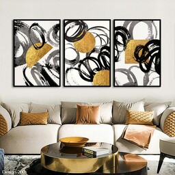 تابلو دکوراتیو مدرن مجموعه انتزاعی و اشکال هندسی طلایی، طوسی، مشکی ،3تیکه سایز 50در70