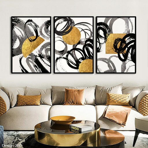 تابلو دکوراتیو مدرن مجموعه انتزاعی و اشکال هندسی طلایی، طوسی، مشکی ،3تیکه سایز 40در60