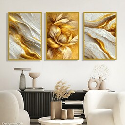 تابلو دکوراتیو مدرن مجموعه گل و آبستره طلایی طوسی ،3تیکه سایز 40در60