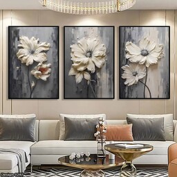 تابلو دکوراتیو مدرن مجموعه گل های سفید سبک نقاشی،3تیکه سایز 35در50