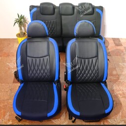 روکش صندلی پراید 131 و 132 چرم مشکی خرجکار آبی مدل نیلی لطفاً قبل از سفارش حتما موجودی بگیرید