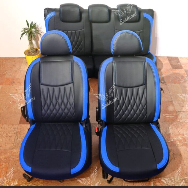 روکش صندلی 206 و 207 چرم مشکی خرجکار آبی مدل نیلی لطفاً قبل از سفارش حتما موجودی بگیرید