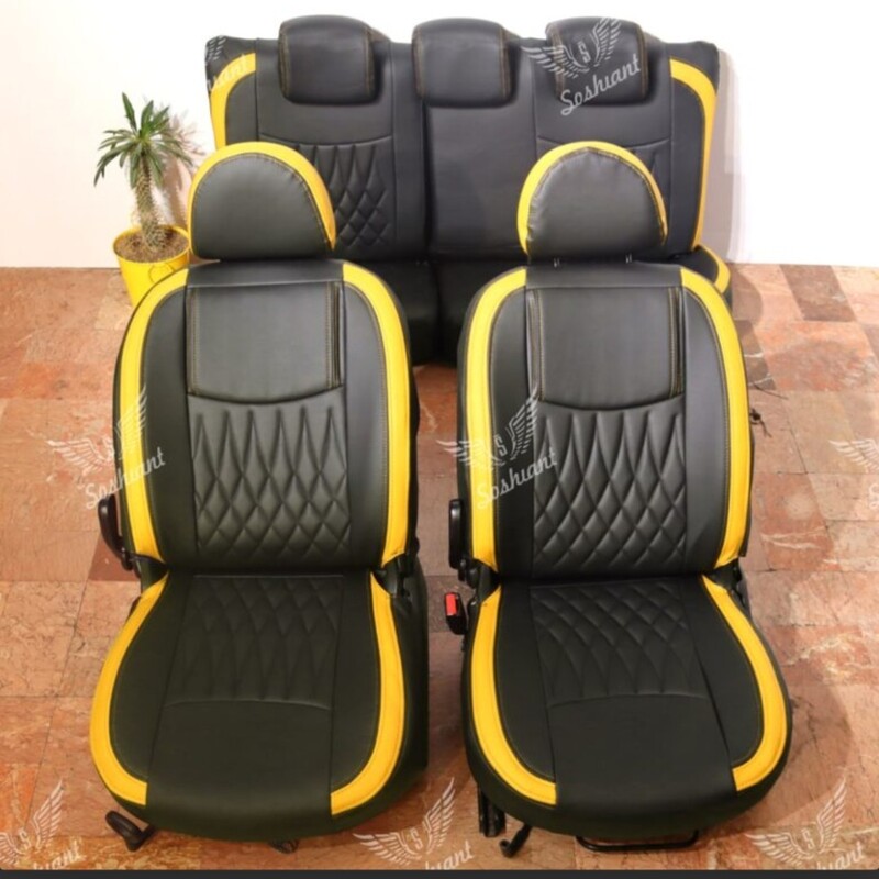 روکش صندلی 206 و 207 چرم مشکی خرجکار زرد مدل نیل لطفاً قبل از سفارش حتما موجودی بگیرید