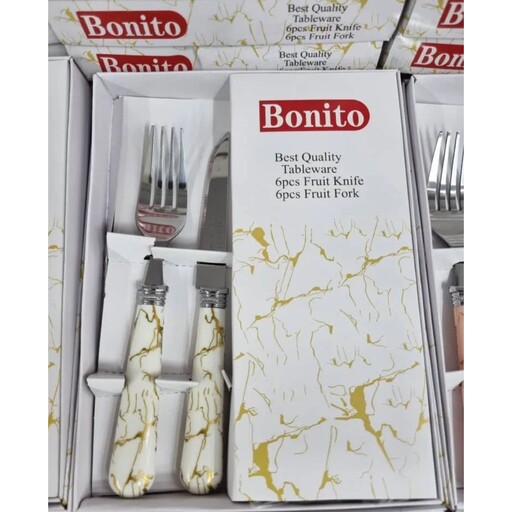 ست کارد و چنگال میوه خوری طرح ماربل مارک بونیتو 6عدد چنگال و 6 عدد چاقو ،طرح سرامیکی(دسته پلاستیک فشرده)،Bonito،رنگ سفید