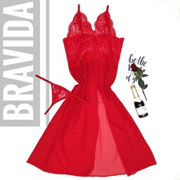 لباس خواب توری قرمز رنگ جلو باز  به همراه شورت لامبادا جذاب مدل ارمیا