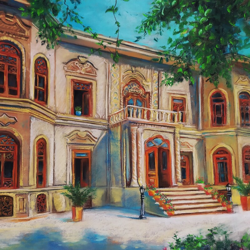 تابلو نقاشی دکوری پاستل موزه آبگینه تهران، سایز حدود 50 در 70 مقوا کانسون