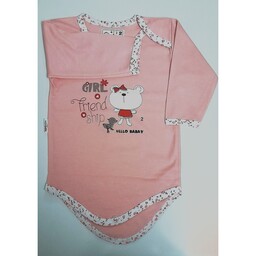 لباس نوزادی زیردکمه استین بلند طرح صورتی خرس سفید  سایز0تا3