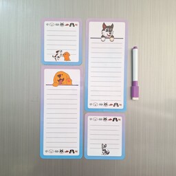 پک چهارتایی مگنت یادداشت رو یخچالی طرح سگ های بازیگوش به همراه دو عدد ماژیک  رو یخچالی  سایز 9 در 9  و 20 در 9 سانتی متر