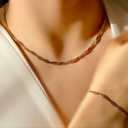 گردنبند و دستبند هرینگبون طلایی دو لاین بافت سایز 2 رنگ ثابت مشابهترین طرح طلا