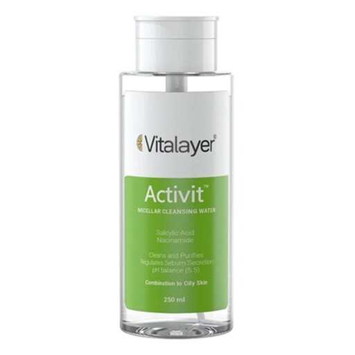 محلول پاک کننده پوست های چرب و مختلط میسلار واتر اکتیویت (250 میل) Vitalayer  Activit Micellar cleansing Water