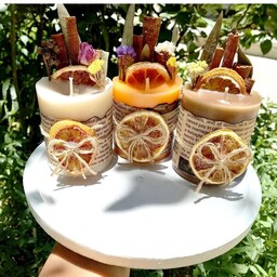 شمع پاییزی گل خشک و لیمو دارچین قابل سفارش در رنگ و اندازه  دلخواه
