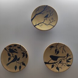 سه تیکه بشقاب دیوارکوب پرنده طلایی