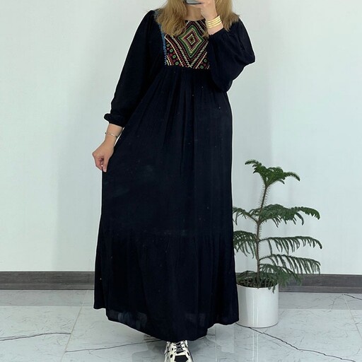 پیراهن ساحلی زنانه و دخترانه (کیمونو یقه گلدوزی) لباس ماکسی، نخ خالص آستین بلند خفاشی، بدون آبرفت (مناسب سایز 38 تا 46)
