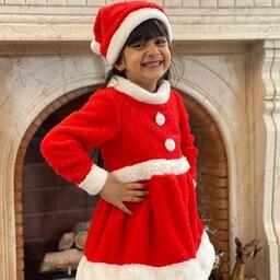 پیراهن دخترانه قرمز مدل بابانوئلی مناسب شب یلدا از دوسال تا 7 سال همراه با کلاهی زیبا