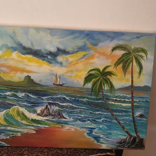 تابلو نقاشی دو نخل در ساحل دریا سبک رئال