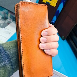 کیف موبایل و پول و مدارک چرم طبیعی دست دوز مشکی قهوه ای عسلی