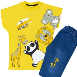 تیشرت شلوارک  فیل وشیرو پانداوزرافه دخترانه پسرانه سایز55 مناسب 7تا9 سال تیشرت زرد،جین آبی کشی برندsaeid، pikmode