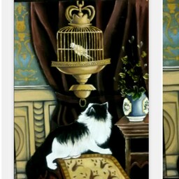 تابلو نقاشی رنگ روغن روی جیر طرح گربه و پرنده