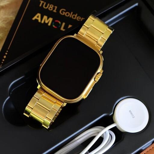 ساعت هوشمند سازگار با اندروید و ios  کاربری ورزشی،رسمی،روزانه دارای یک بند نارنجی اوشن،یک بند فلزی طلایی و یک بند چرم
